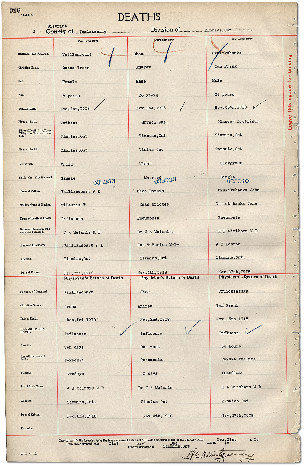 Page d'enregistrements de décès du district de Temiskaming, 1918