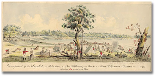 Watercolour: Encampment of the Loyalists in Johnstown, a new settlement on the banks of the River St. Lawrence, in Canada West, August 12, 1925