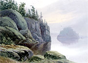 Thumbnail of painting Lake Scene with Rock Formation
  