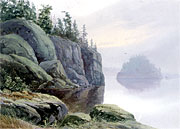 Thumbnail of painting Lake Scene with Rock Formation
  