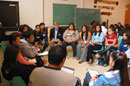 Derry Millar (centre), lead Commission Counsel, listens during a small group discussion.