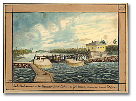 Watercolour: Lock, Blockhouse at the Narrows, Rideau Lake - the first descent from Summit towards Bytown, 1841