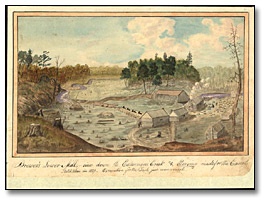 Watercolour: Brewer's Lower Mill - view down the Cataraqui Creek and clearing made for the Canal, 1829