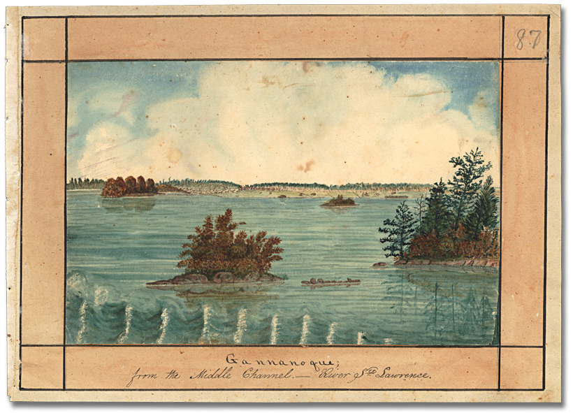 Watercolour: Gananoque from the St. Lawrence River, 1830