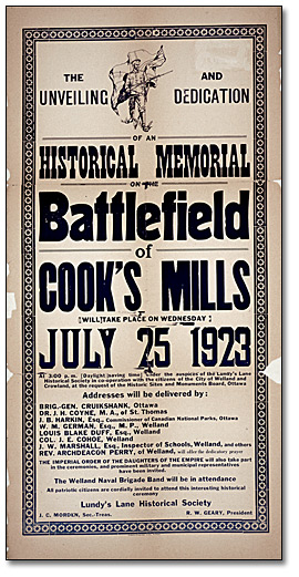 [Poster announcing the unveiling and dedication of an historical memorial on the battlefield of Cook's Mills], 1923