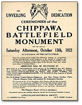 [Poster announcing the unveiling and dedication ceremonies of the Chippawa Battlefield Monument], 1923