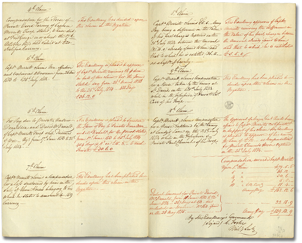 Statement of claims made by Capt. Merritt of the Provincial Light Dragoons and examined by a Board of Inquiry (…), 1815 (pages 2 and 3)