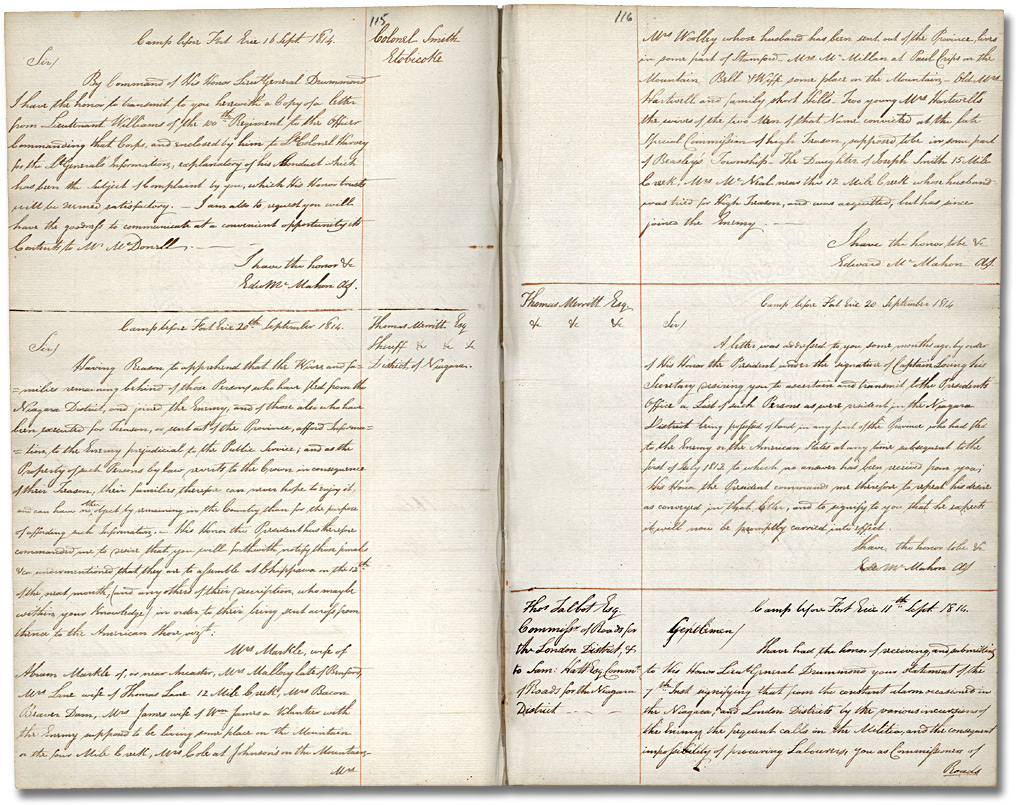 Extrait d'une copie d'une lettre d'Edward McMahon à Thomas Merritt, Shérif du district de Niagara, 20 septembre 1814