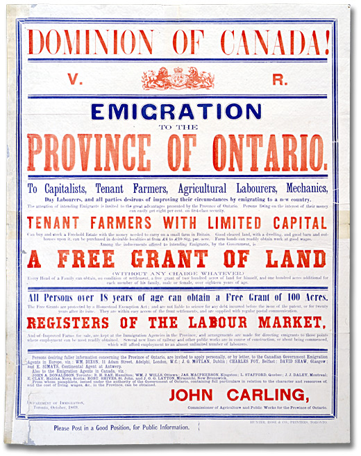 Poster: Emigration to the Province of Ontario, 1869