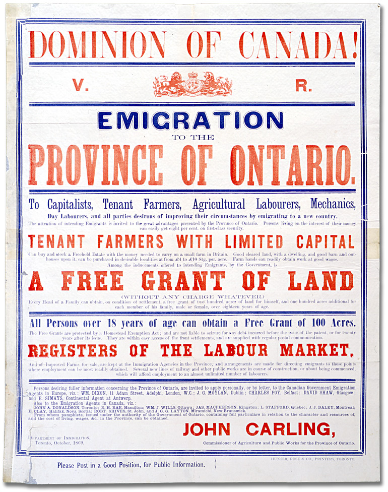 Poster: Emigration to the Province of Ontario, 1869