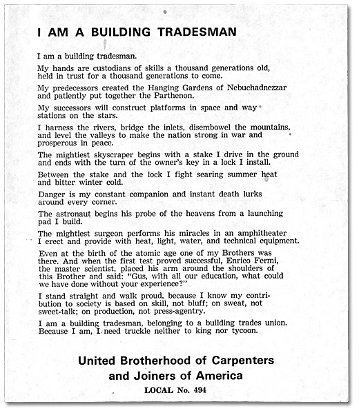 “I am a Building Tradesman” produit par le local 494, [vers 1955]
