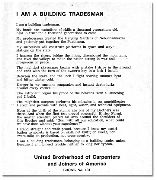 I am a Building Tradesman handout from ?, [ca. 1955]