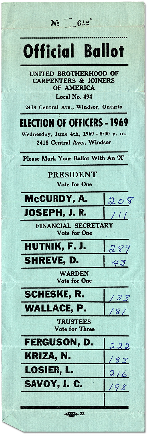 Scrutin officiel représentant Alvin McCurdy avec le plus grand nombre de votes pour le poste de président de la section locale 494, 1969