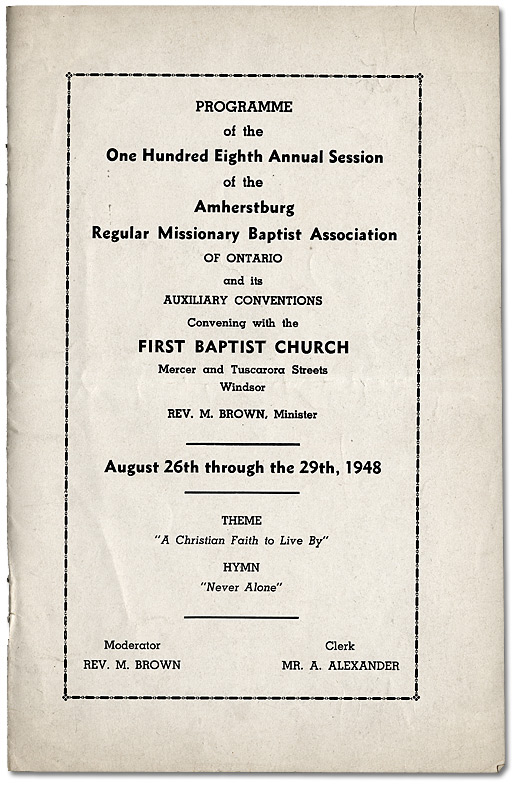 Programme of the One Hundred Eighth Annual Session of the Amherstburg Regular Missionary Baptist Association of Ontario