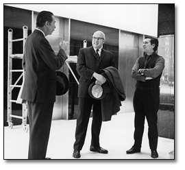 Photo: Art Consultant Committee Members Cleeve Horne and Clare Bice with Sculptor, Gerald Gladstone, [ca. 1968]