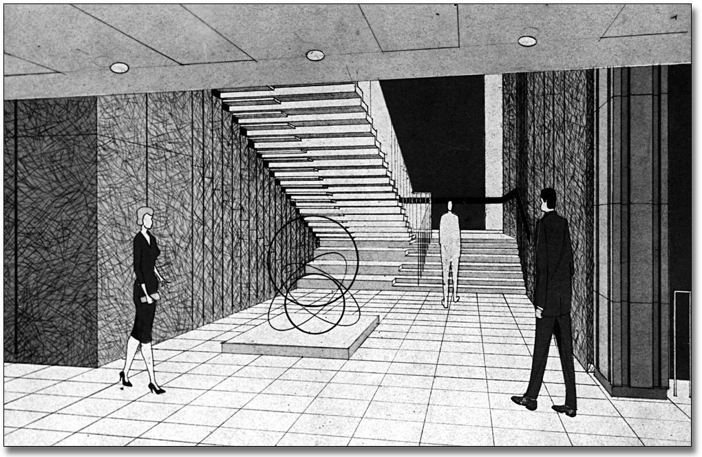 Photographie : Concept de l'artiste pour le nouveau Queen's Park, vue intérieur du hall de l'édifice Macdonald, 1965