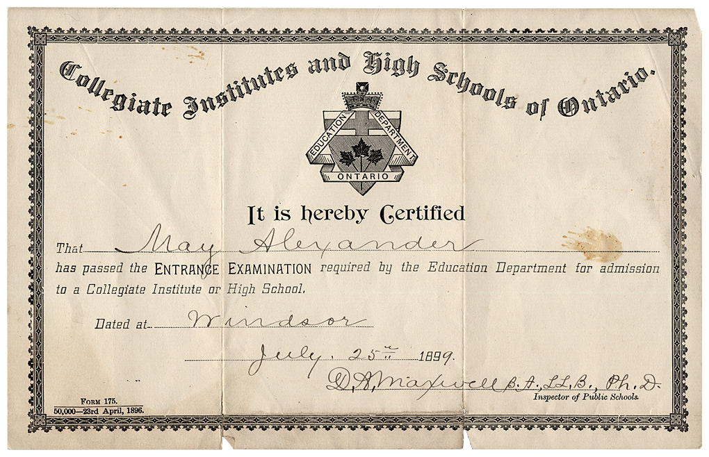 May Alexander was awarded this certificate for successfully passing her high school entrance exam in 1899