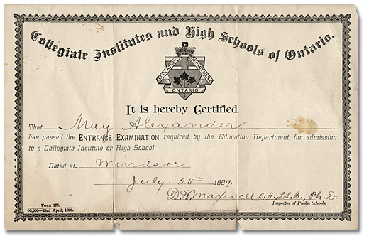 May Alexander was awarded this certificate for successfully passing her high school entrance exam in 1899