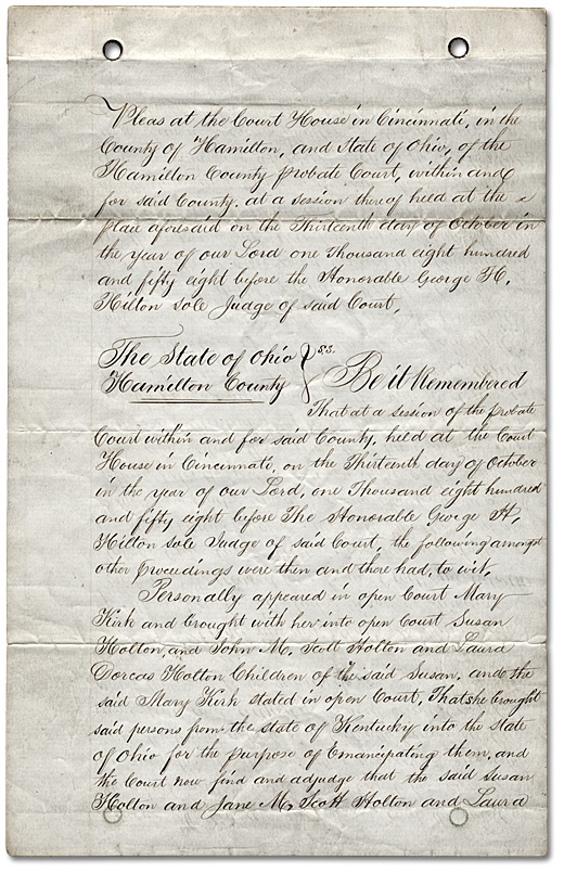Extrait des documents relatifs à l’émancipation de Susan Holton, Ohio, 1848