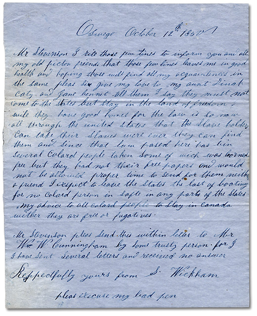 Lettre datée du 12 octobre 1850 dans laquelle S. Wickam met en garde contre des chasseurs d’esclaves aux États-Unis. 