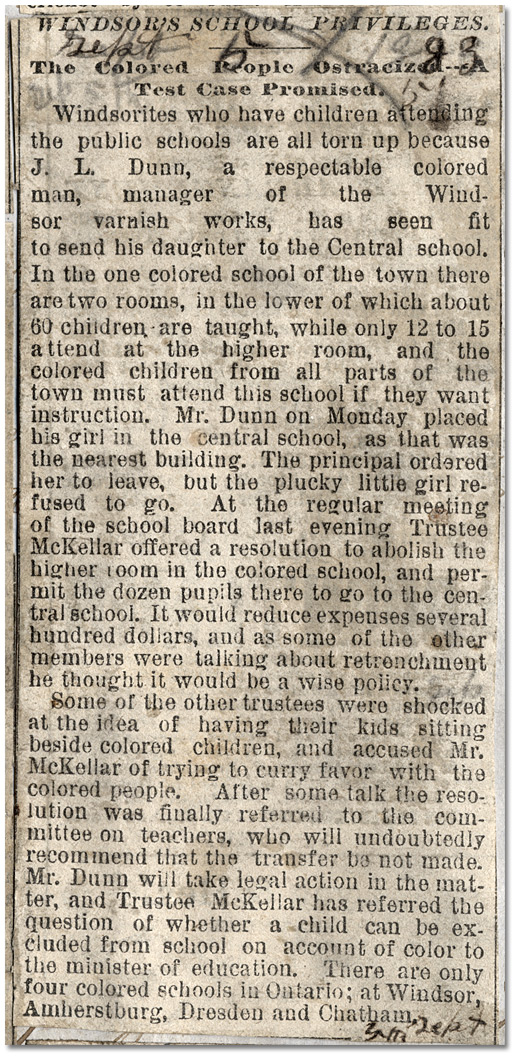 En 1883, J. L.Dunn tenta d’envoyer sa fille dans une école fréquentée uniquement par des enfants blancs, causant tout un tapage.