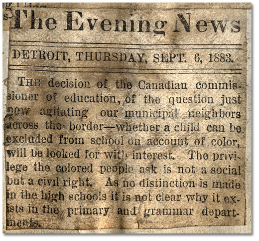 The Evening News de Détroit publia le point de vue américain sur le cas de la ségrégation de l’école Dunn, 6 septembre 1883