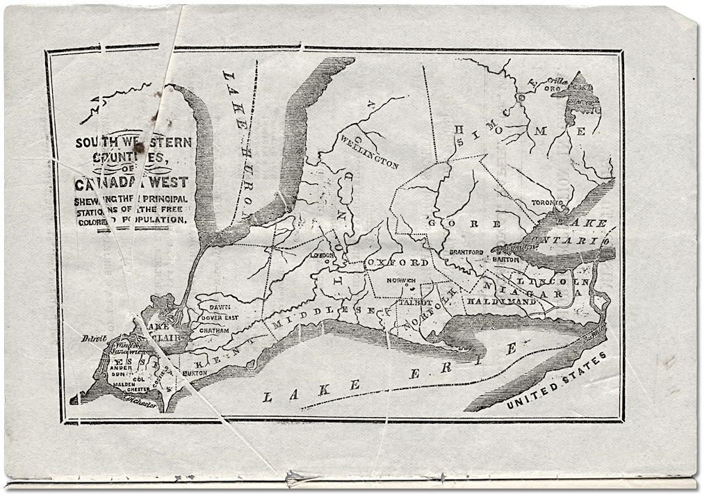 Carte intitulée Southwestern Counties of Canada West - showing the principal stations of the free colored population, 1855