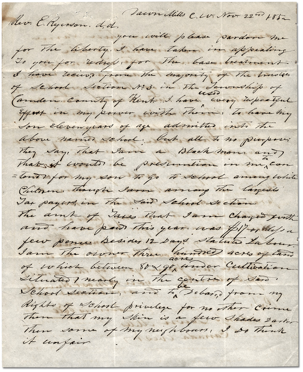 Lettre à Egerton Ryerson, surintendant principal de l’éducation, de Dennis Hill, 22 novembre 1852