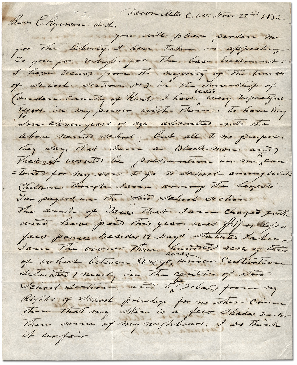 Lettre à Egerton Ryerson, surintendant principal de l’éducation, de Dennis Hill, 22 novembre 1852