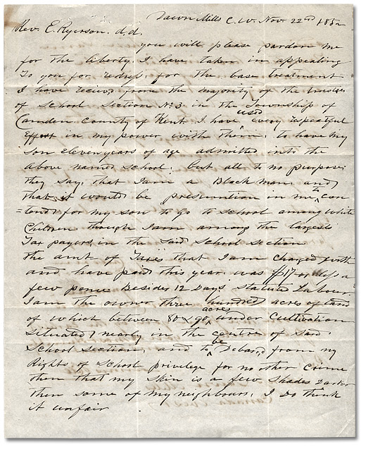 Letter to Chief Superintendent for Education, Egerton Ryerson, from Dennis Hill, November 22, 1852