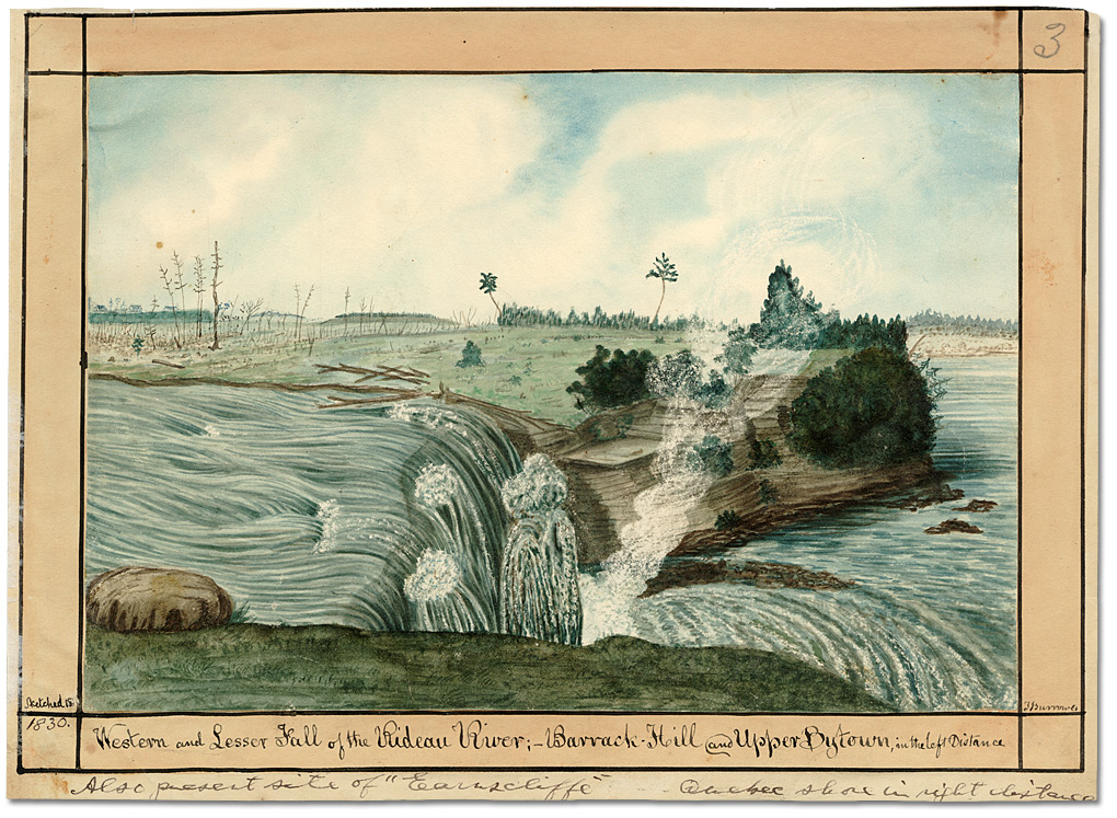 Watercolour: Western and Lesser Fall of the Rideau River; Barrack Hill and Upper Bytown in the left Distance, 1826