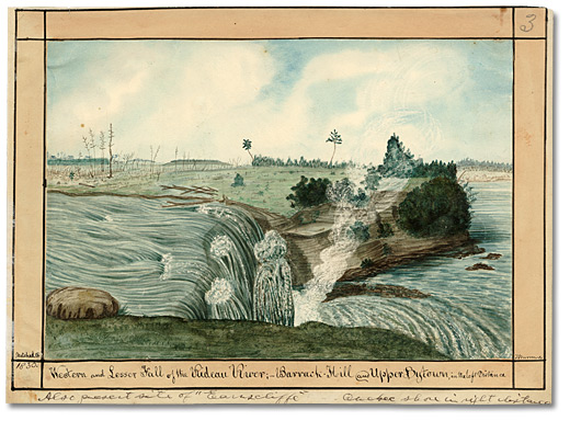 Aquarelle: Western and Lesser Fall of the Rideau River; Barrack Hill and Upper Bytown in the left Distance, 1826
