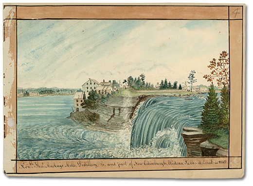 Watercolour: Hon.ble Tho.s McKay's Mills, Distillery, etc. and part of New Edinburgh, Rideau Falls, 1845