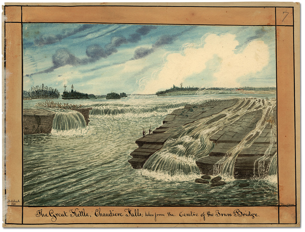 Watercolour: The Great Kettle, Chaudiere Falls; taken from the Centre of the Truss Bridge, 1831