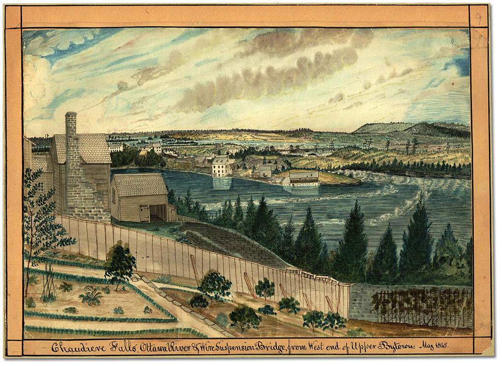 Watercolour: Chaudiere Falls, Ottawa River and Wire Suspension Bridge, from the West end of Upper Bytown, 1845