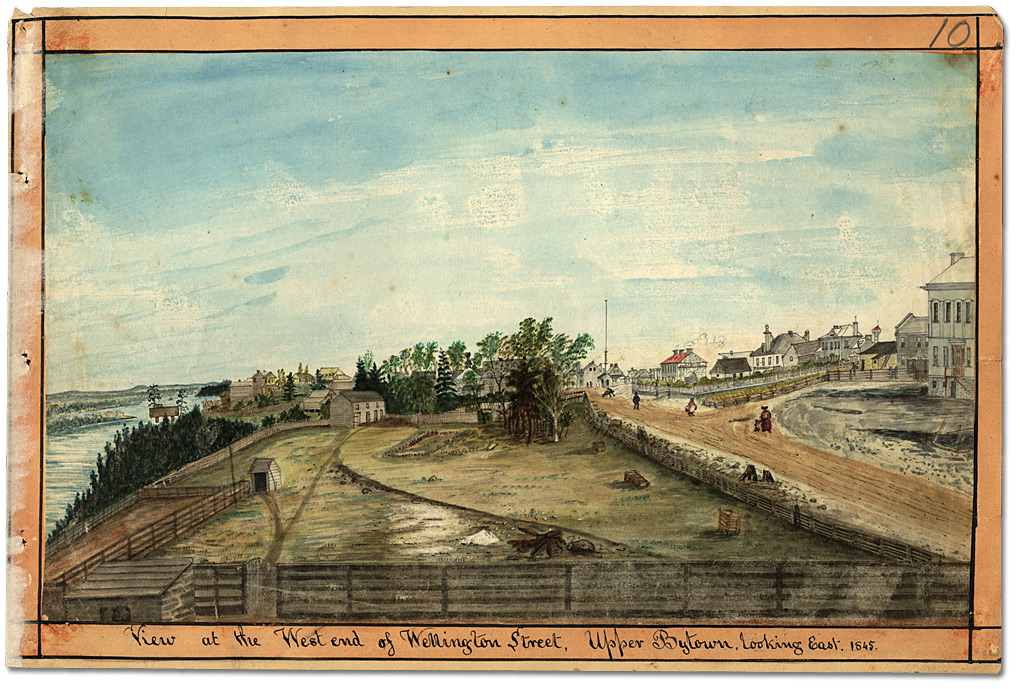 Watercolour: View at the West end of Wellington Street, Upper Bytown, looking East, 1845
