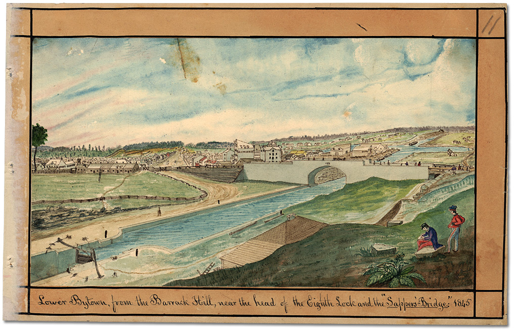 Watercolour: Lower Bytown, from the Barrack Hill, near the head of the Eighth Lock and the "Sappers' Bridge," 1845