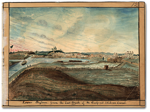 Watercolour: Lower Bytown, from the East Bank of the Deep-cut, Rideau Canal, 1845