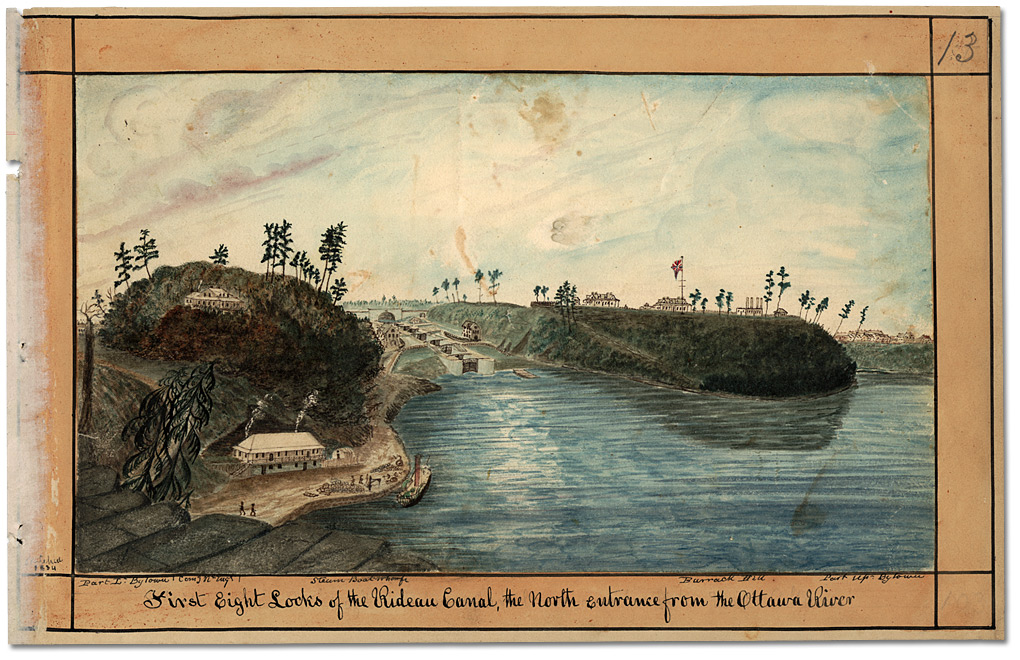 Watercolour: First Eight Locks of the Rideau Canal, the North entrance from the Ottawa River, 1834