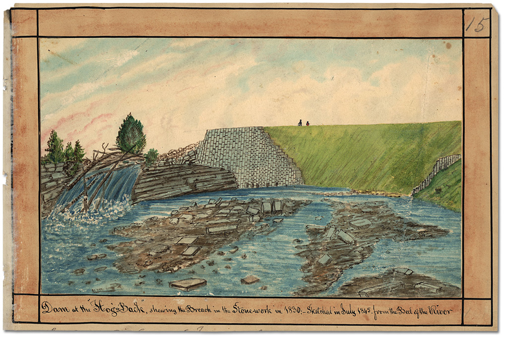 Aquarelle : Dam at the Hog’s Back, shewing the Breach in the Stonework in 1830; Sketched in July 1845 from the Bed of the River, 1845
