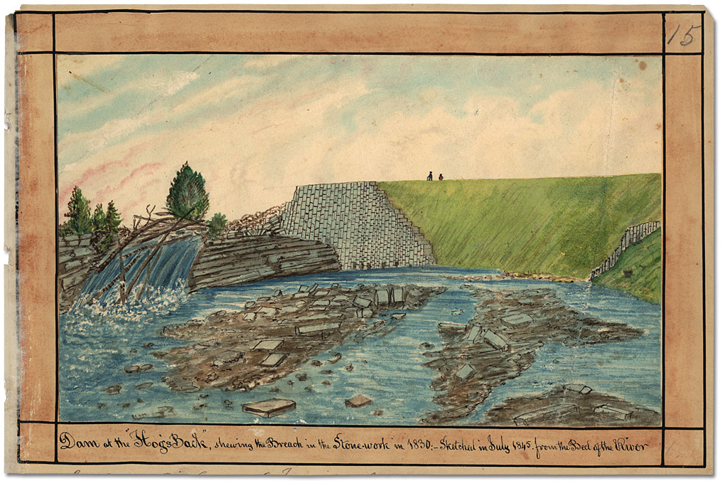 Watercolour: Dam at the Hog’s Back, shewing the Breach in the Stonework in 1830; Sketched in July 1845 from the Bed of the River, 1845