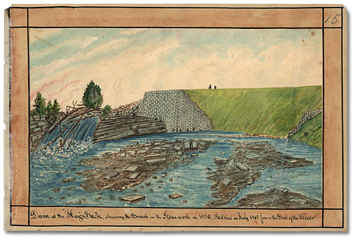 Watercolour: Dam at the Hog’s Back, shewing the Breach in the Stonework in 1830; Sketched in July 1845 from the Bed of the River, 1845