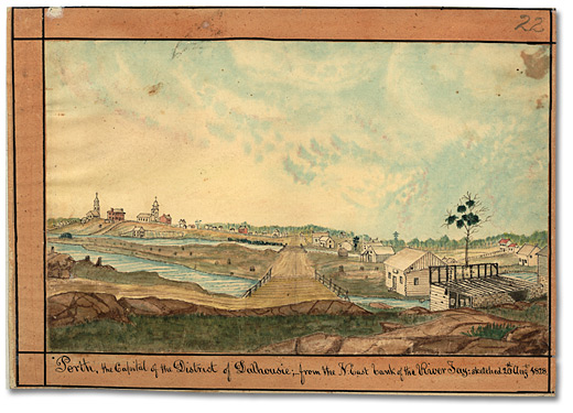 Watercolour: Perth, the Capital of the District of Dalhousie; from the N-East bank of the River Tay, 1828