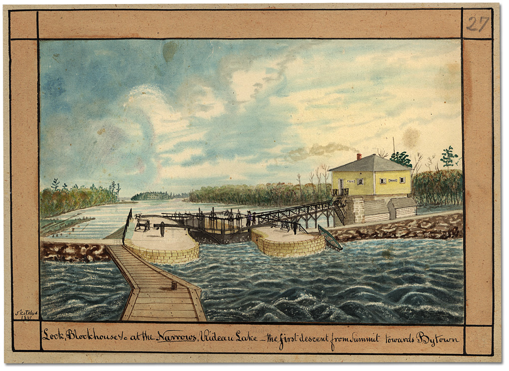 Watercolour: Lock, Blockhouse &c at the Narrows, Rideau Lake - the first descent from Summit towards Bytown, 1841