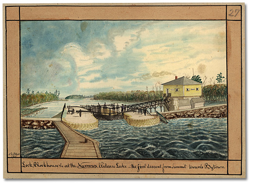 Aquarelle: Lock, Blockhouse &c at the Narrows, Rideau Lake - the first descent from Summit towards Bytown, 1841