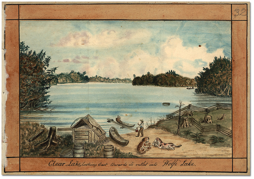 Aquarelle : Clear Lake looking east towards its outlet into Wolfe Lake, 1835