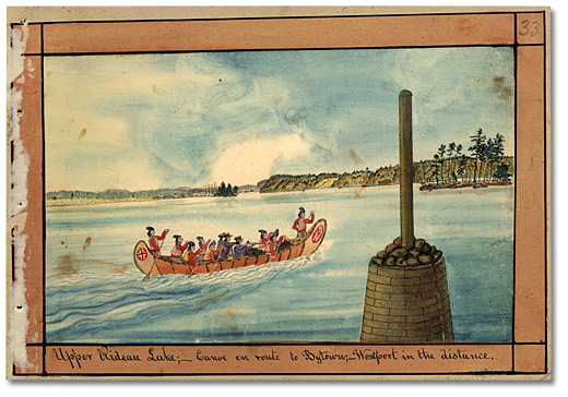 Watercolour: Upper Rideau Lake; Canoe en foute to Bytown; Westport in the Distance