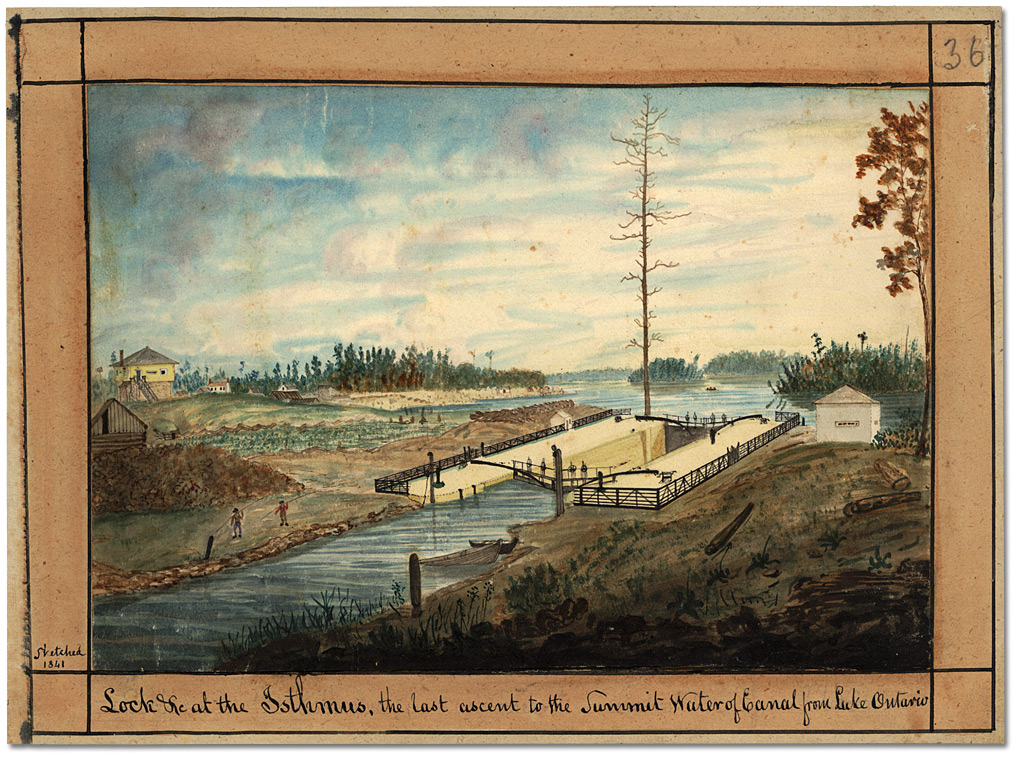 Watercolour: Lock &c at the Istmus, the last ascent to the Summit Water of Canal from Lake Ontario, 1841