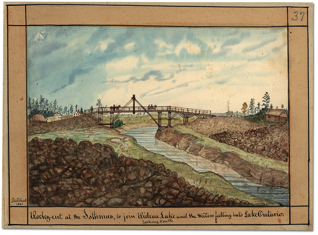 Watercolour: Rocky cut at the Isthmus,to join Rideau Lake and the Waters falling into Lake Ontario, looking South, 1841