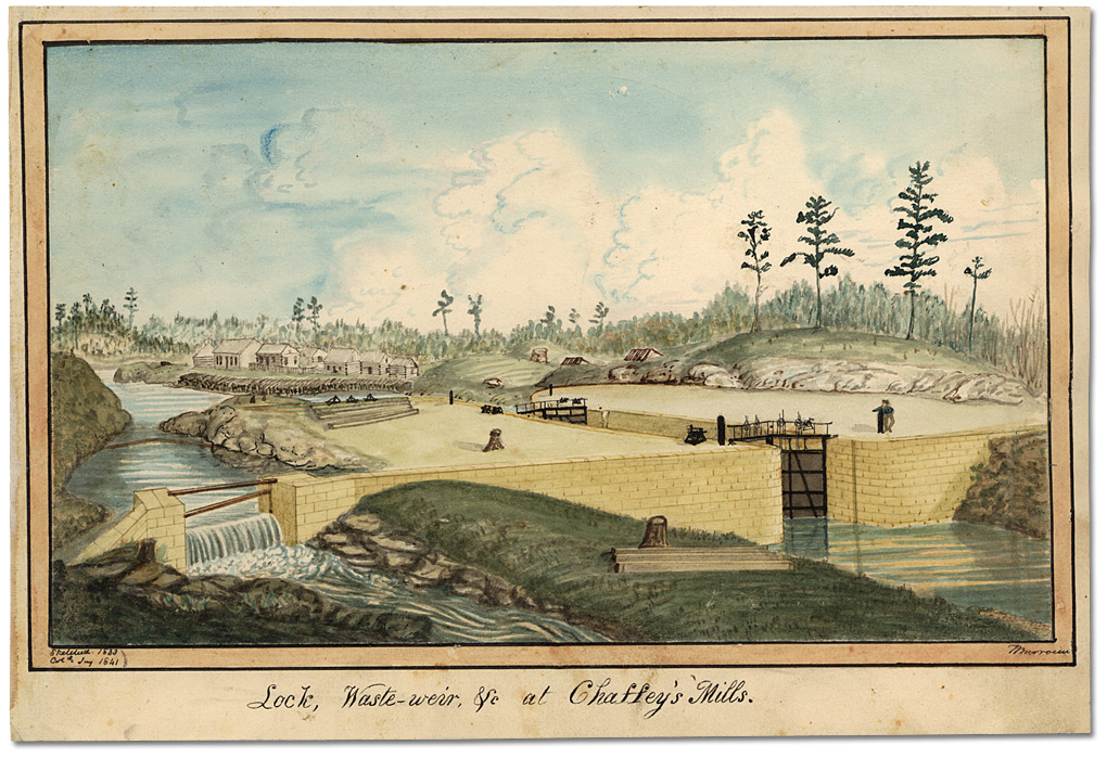 Aquarelle : Lock, Waste-weir, &c at Chaffey's Mills Sketched 1833, Col’d. Jny. 1841, 1833